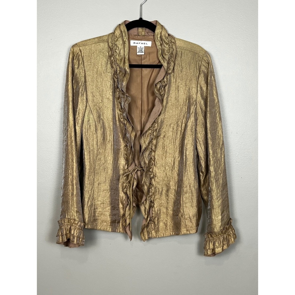 Rafael Gold Metallic Ruffle Jacket Women Size 12 Textured Tie Front Shimmer